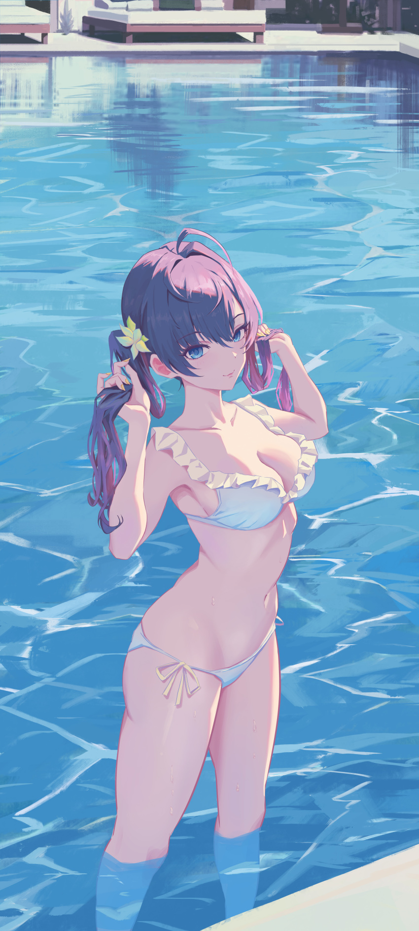 1girl absurdres ahoge bikini blue_eyes breasts cleavage collarbone flower frilled_bikini frills hair_flower hair_ornament highres ichinose_shiki idolmaster idolmaster_cinderella_girls looking_at_viewer medium_breasts navel pool purple_hair qingli_ye refraction side-tie_bikini_bottom smile solo stomach swimsuit twintails wading white_bikini