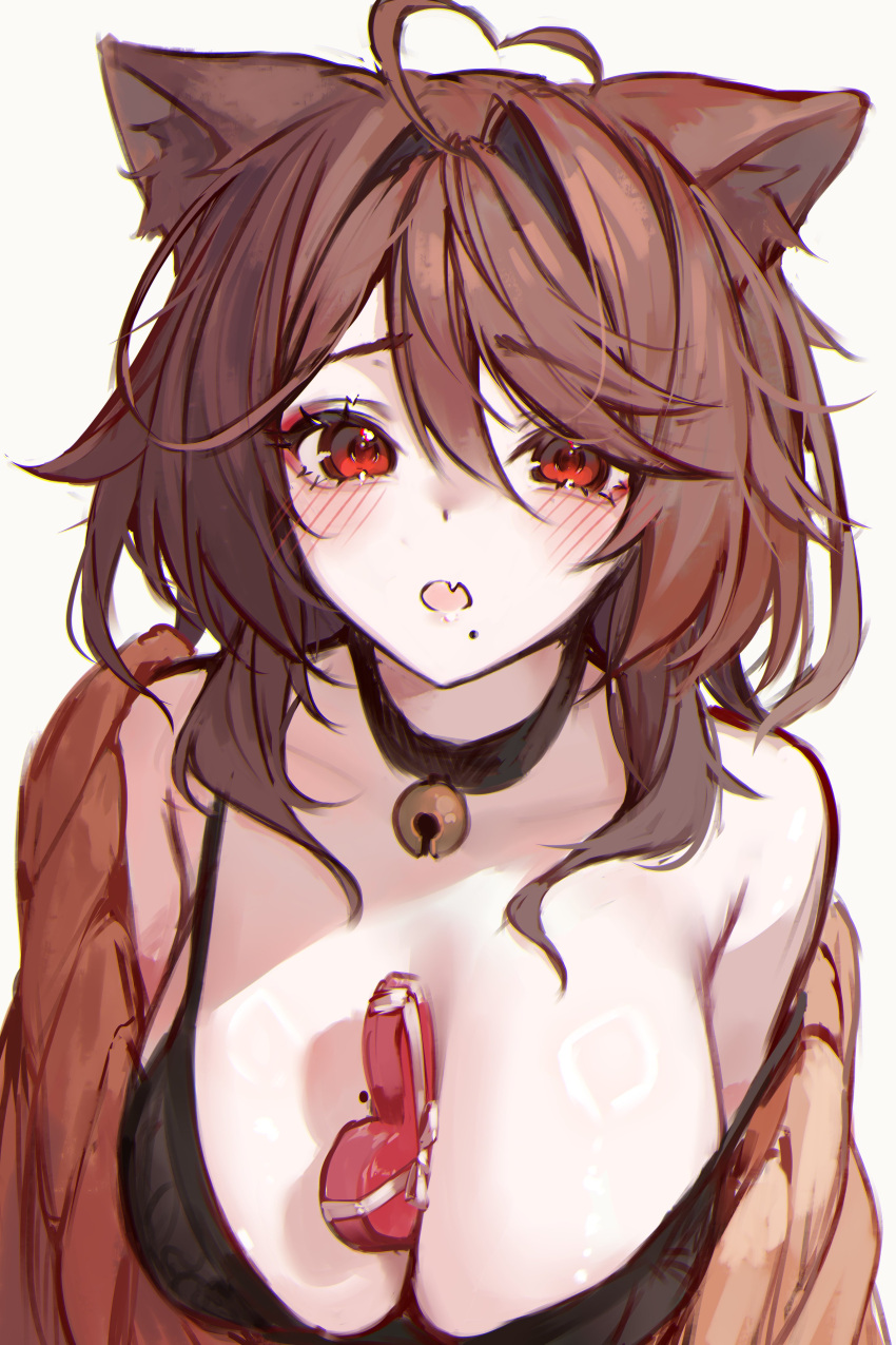1girl absurdres ahoge animal_ears bell between_breasts black_bra black_choker blush box bra breasts brown_cardigan brown_hair cardigan cat_ears choker fang hair_between_eyes hair_intakes heart heart-shaped_box heart_ahoge highres large_breasts long_hair looking_at_viewer mole mole_on_breast mole_under_mouth naokomama neck_bell off_shoulder open_cardigan open_clothes original red_eyes simple_background single_bare_shoulder solo strap_slip underwear upper_body valentine white_background