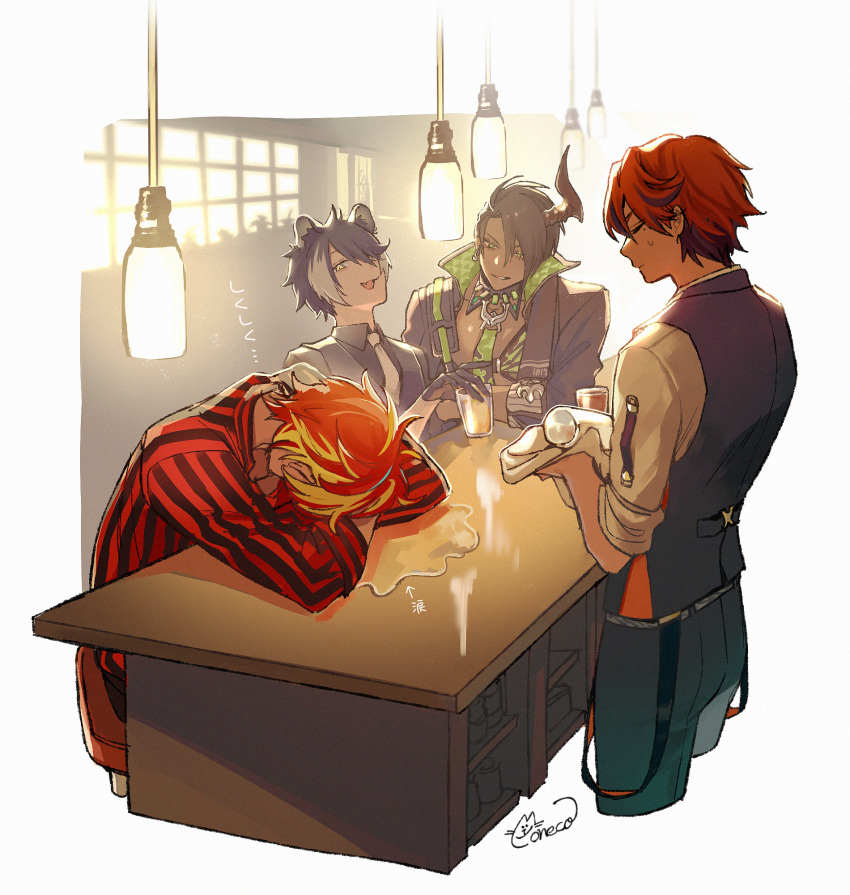 4boys alcohol animal_ears aragami_oga bar_(place) bartender black_gloves black_hair blonde_hair ceiling_light closed_eyes cup dark-skinned_male dark_skin drunk earrings fangs gloves green_eyes highres holding holding_cup holostars horns jackal_boy jackal_ears jacket jewelry kageyama_shien kageyama_shien_(1st_costume) looking_at_another male_focus mole mole_under_eye moneko multicolored_hair multiple_boys necktie open_clothes open_jacket open_mouth orange_hair red_hair shirt signature single_horn sitting smile smirk standing striped_clothes striped_shirt sweatdrop two-tone_hair uniform vertical-striped_clothes vertical-striped_shirt virtual_youtuber white_background white_hair white_necktie wiping yellow_eyes yukoku_roberu yukoku_roberu_(1st_costume)