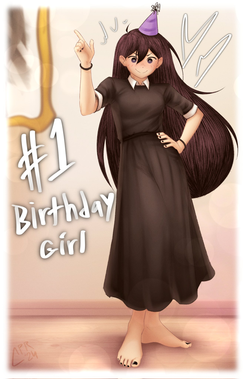 1girl artist_name barefoot black_nails bracelet breasts brown_dress brown_hair cabronpr closed_mouth collared_dress dated dress feet full_body hand_on_own_hip hand_up highres indoors jewelry long_hair mari_(omori) medium_breasts omori purple_eyes short_sleeves smile solo standing very_long_hair