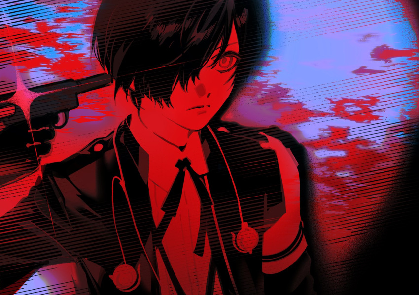 1boy earphones evoker expressionless gapamopa gekkoukan_high_school_uniform glint globes gun gun_to_head highres holding holding_gun holding_weapon jacket limited_palette long_sleeves male_focus neck_ribbon persona persona_3 persona_3_reload ribbon school_uniform shirt solo upper_body weapon yuuki_makoto_(persona_3)