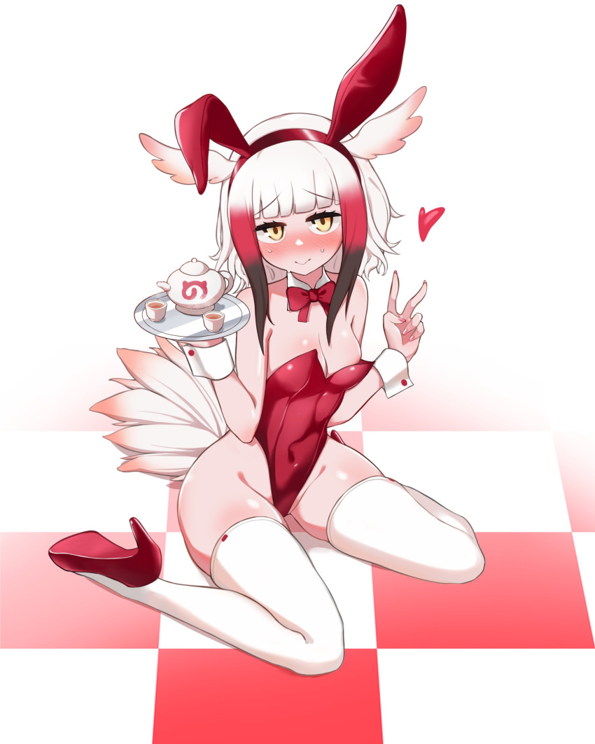 1girl :&gt; absurdres animal_ears bare_shoulders bird_girl bird_tail bird_wings black_hair blunt_bangs blush bow bowtie checkered_floor detached_collar detached_sleeves english_commentary fake_animal_ears head_wings heart high_heels highleg highleg_leotard highres japanese_crested_ibis_(kemono_friends) kemono_friends leotard looking_at_viewer multicolored_hair nose_blush playboy_bunny rabbit_ears red_bow red_bowtie red_footwear red_hair red_leotard saya_ayasu short_hair sidelocks sitting sleeveless solo strapless strapless_leotard sweatdrop tail thighhighs tray wariza white_hair white_thighhighs wings yellow_eyes zettai_ryouiki
