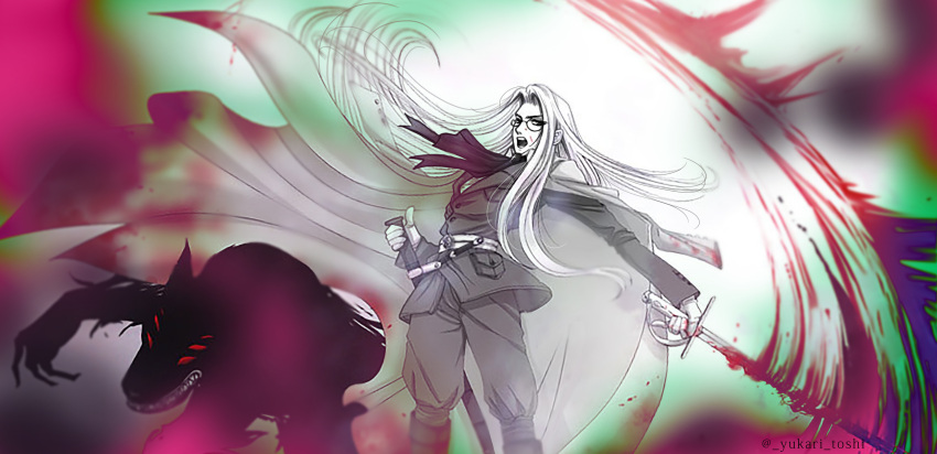 1girl absurdres aliasing blood blood_on_face cape hellsing highres holding holding_sword holding_weapon integra_hellsing jacket jpeg_artifacts long_hair monster open_mouth pants partially_colored sheath sword toshimichi_yukari unsheathed weapon