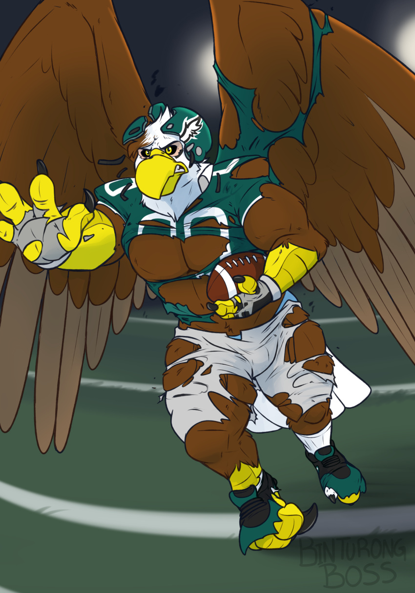 2024 absurd_res accipitrid accipitriform avian bald_eagle binturongboss bird clothing eagle fingerless_gloves football_field football_gear football_helmet football_pants football_player football_uniform gloves handwear hi_res male nfl night pheagle philadelphia_eagles sea_eagle stadium_lighting torn_clothing transformation