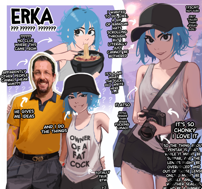 1girl absurdres arm_warmers arrow_(symbol) artist_self-insert baseball_cap black_eyes black_headwear blue_hair breasts bucket_hat camera contrapposto cutoffs eating english_text erka_(veyonis) fourth_wall grey_tank_top hat highres holding holding_camera messy_hair original outdoors short_hair small_breasts tagme tank_top veyonis