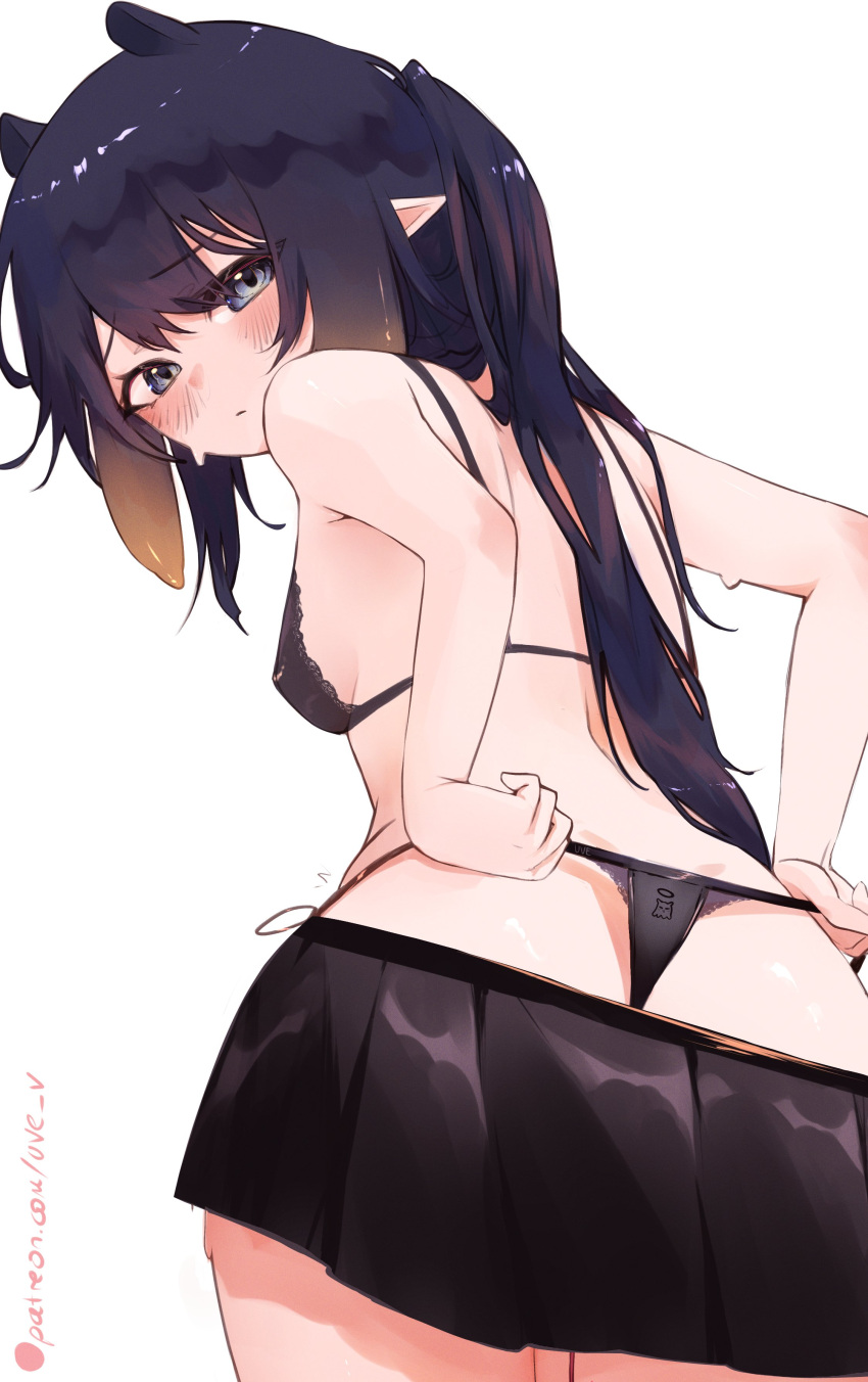 1girl absurdres adjusting_clothes adjusting_panties alternate_costume alternate_hairstyle ass bare_arms bare_shoulders black_bra black_hair black_panties black_skirt blue_eyes blush bra breasts closed_mouth commentary from_below highres hololive long_hair looking_at_viewer looking_back ninomae_ina'nis panties pointy_ears simple_background skirt small_breasts solo symbol-only_commentary tentacle_hair underwear uve virtual_youtuber white_background