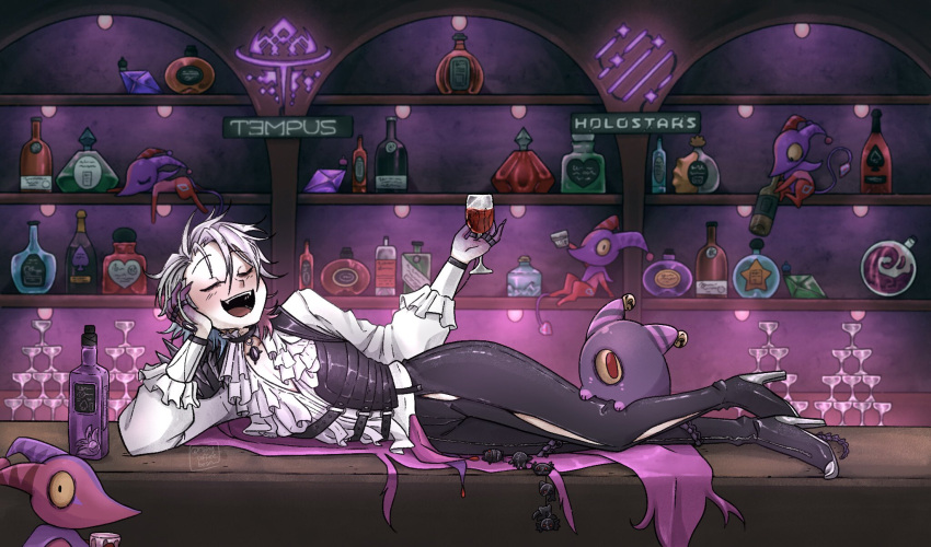 1boy alcohol androgynous bar_(place) bell bettelion_(gavis_bettel) black_choker black_hair black_pants blue_hair blush bottle choker closed_eyes colored_skin creature cup drink drinking_glass drunk english_commentary english_text frilled_shirt frilled_sleeves frills full_body gavis_bettel gavis_bettel_(2nd_costume) gradient_hair gradient_skin grey_hair hair_between_eyes happy high_heels highres holding holding_cup holostars holostars_english jewelry jingle_bell knees_together_feet_apart male_focus multicolored_hair multiple_rings on_counter open_mouth pants phantom_(gavis_bettel) pink_hair purple_skin rainycoffeebean ring shelf shirt short_hair solo_focus tight_clothes tight_pants twitter_username virtual_youtuber white_shirt wine_glass