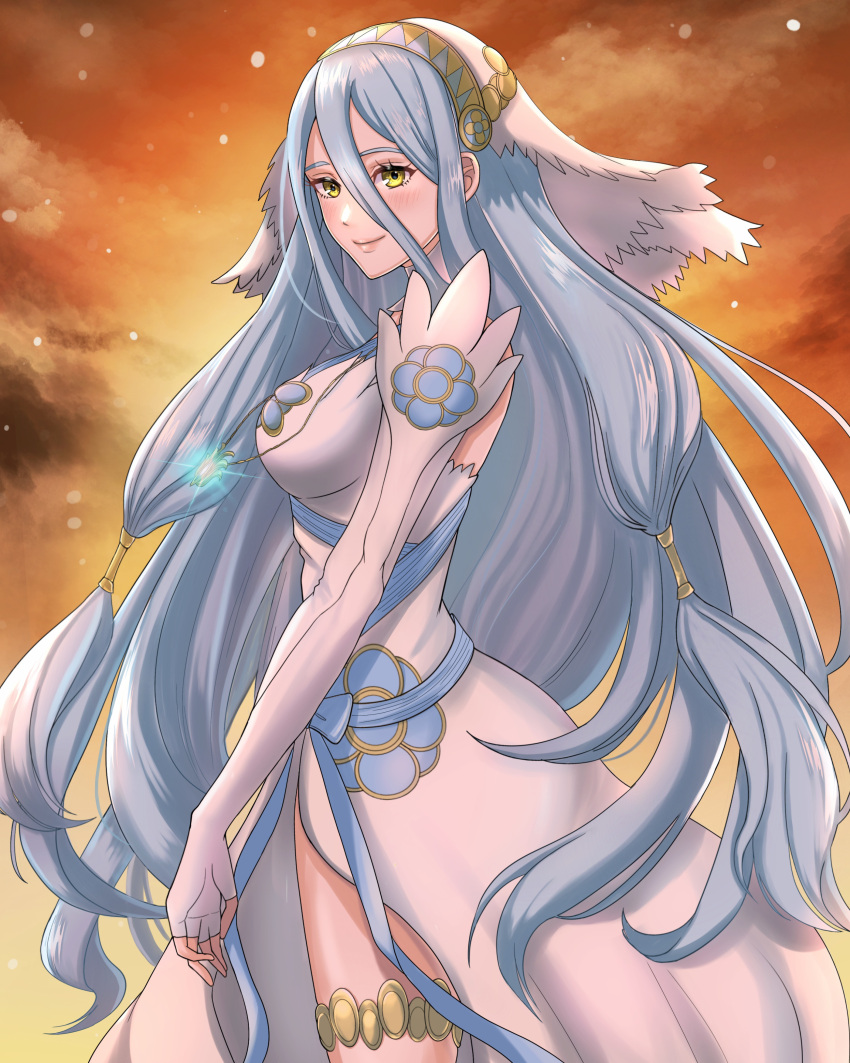 1girl absurdres azura_(fire_emblem) blue_hair blush breasts closed_mouth cloud commentary detached_sleeves dress elbow_gloves fingerless_gloves fire_emblem fire_emblem_fates gloves glowing_necklace hair_between_eyes hair_tubes highres jewelry kousetu0506 leglet lips long_hair looking_at_viewer medium_breasts necklace orange_sky pendant pink_lips sky smile solo veil very_long_hair white_dress white_gloves yellow_eyes