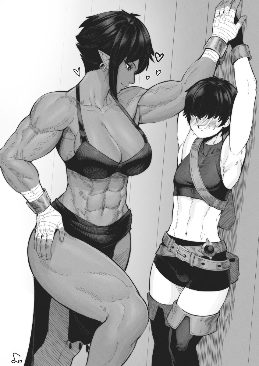 1boy 1girl abs absurdres armpits arms_up bandaged_hand bandages belt belt_pouch biceps blush boots bra breasts cleavage clenched_teeth commentary covered_eyes crop_top earrings english_commentary feet_out_of_frame gloves greyscale hair_over_eyes hand_on_own_hip heart height_difference hetero highres jewelry kabedon large_breasts legs_together loincloth looking_down midriff monochrome multiple_belts muscular muscular_female navel original pointy_ears pouch shirt short_hair short_shorts shorts signature sleeveless sleeveless_shirt smile speedl00ver standing sweat teeth thick_thighs thigh_boots thighs underwear veins veiny_arms