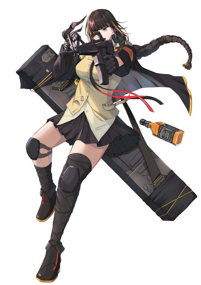 assault_rifle black_gloves black_jacket brown_eyes brown_hair citrus7763 eyepatch girls'_frontline gloves gun highres jack_daniel's jacket long_hair m16 m16a1 m16a1_(girls'_frontline) multicolored_hair particle_cannon_case rifle scar scar_across_eye shirt solo weapon yellow_shirt