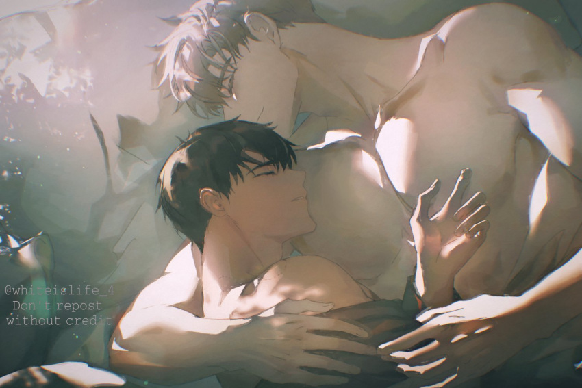 2boys bed brown_hair closed_eyes closed_mouth collarbone couple hug ilay_riegrow jeong_taeui male_focus multiple_boys passion_(manhwa) pectorals short_hair sleeping smile teeth topless_male twitter_username under_covers upper_body white_hair whiteislife_4 yaoi