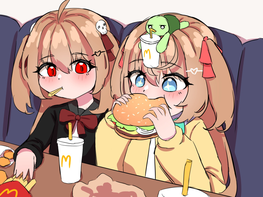 2girls ahoge black_cardigan blue_eyes brown_hair burger cardigan chicken_nuggets commentary drink eating english_commentary evil_neuro-sama food french_fries hair_ornament heart heart_hair_ornament highres indie_virtual_youtuber long_hair mcdonald's multiple_girls neuro-sama red_eyes school_uniform serafuku skull_hair_ornament sparkling_eyes tanhuluu turtle two_side_up vedal987 virtual_youtuber yellow_cardigan