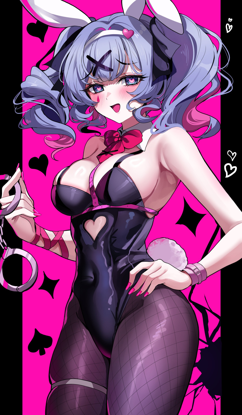 1girl absurdres animal_ears bare_arms bare_shoulders black_leotard blue_eyes blush bow bowtie breasts cuffs detached_collar fake_animal_ears fake_tail hair_ornament hairband hand_on_own_hip handcuffs hatsune_miku heart heart-shaped_pupils highres holding holding_handcuffs large_breasts leotard long_hair looking_at_viewer open_mouth pantyhose playboy_bunny purple_pantyhose rabbit_ears rabbit_hole_(vocaloid) rabbit_tail red_bow red_bowtie sak_(lemondisk) simple_background smile solo symbol-shaped_pupils tail thigh_strap thighs twintails vocaloid white_hairband