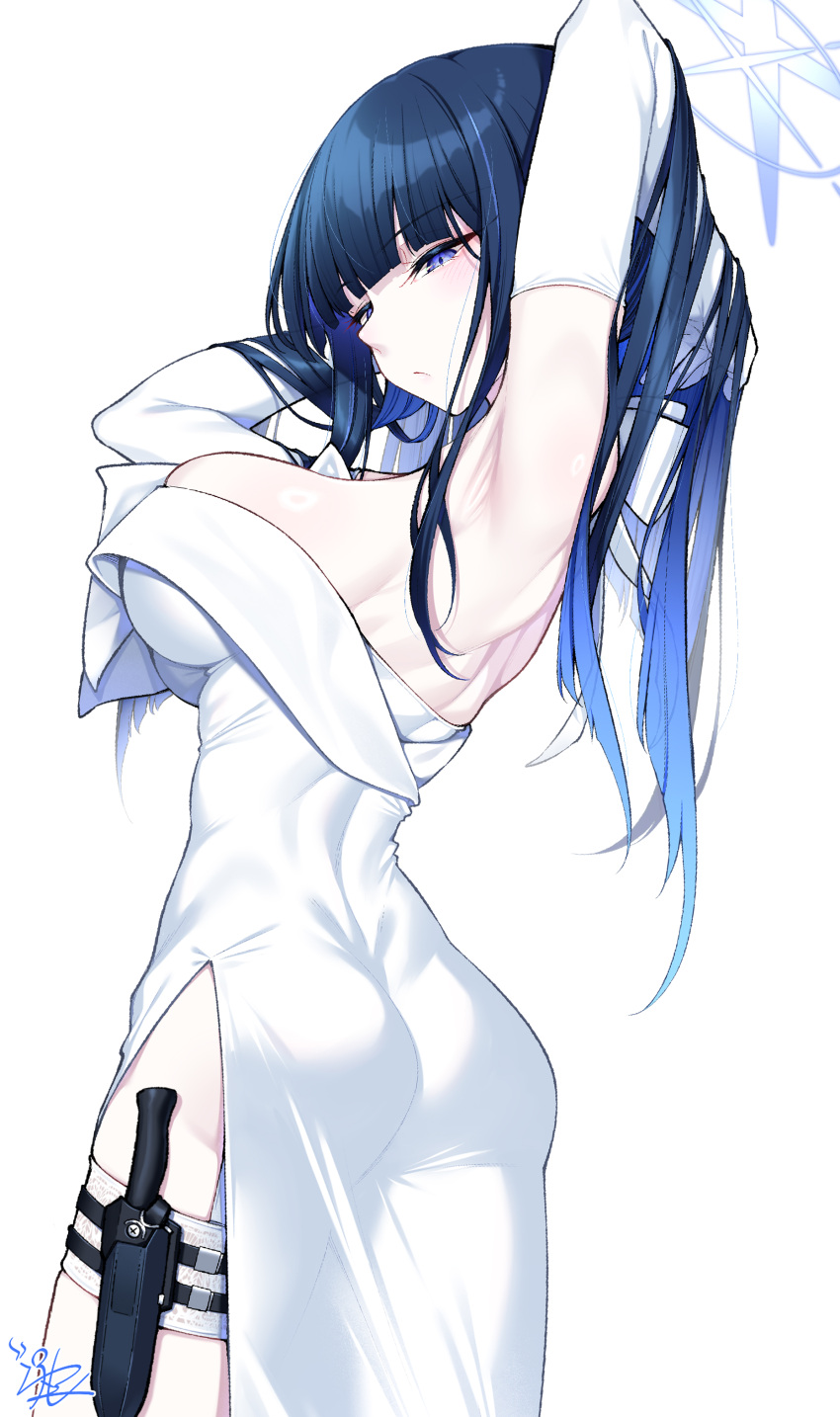 1girl absurdres armpits arms_behind_head arms_up ass bare_shoulders black_hair blue_archive blue_eyes blue_hair blush breasts combat_knife dress elbow_gloves gloves gradient_hair halo highres knife knife_sheath large_breasts long_hair looking_at_viewer looking_back multicolored_hair saori_(blue_archive) saori_(dress)_(blue_archive) sheath solo thighs watosu weapon white_dress white_gloves