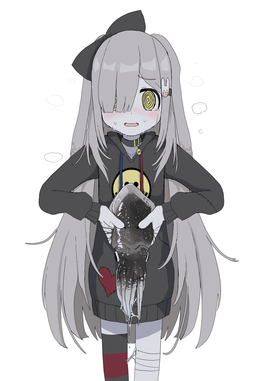 1girl @_@ absurdres bandaged_leg bandages black_bow black_collar black_hoodie blush bow collar grey_hair hair_bow hair_over_one_eye highres holding hood hoodie long_hair long_sleeves looking_at_viewer open_mouth original pale_skin simple_background single_thighhigh solo squid tears thighhighs very_long_hair vreparty white_background yellow_eyes