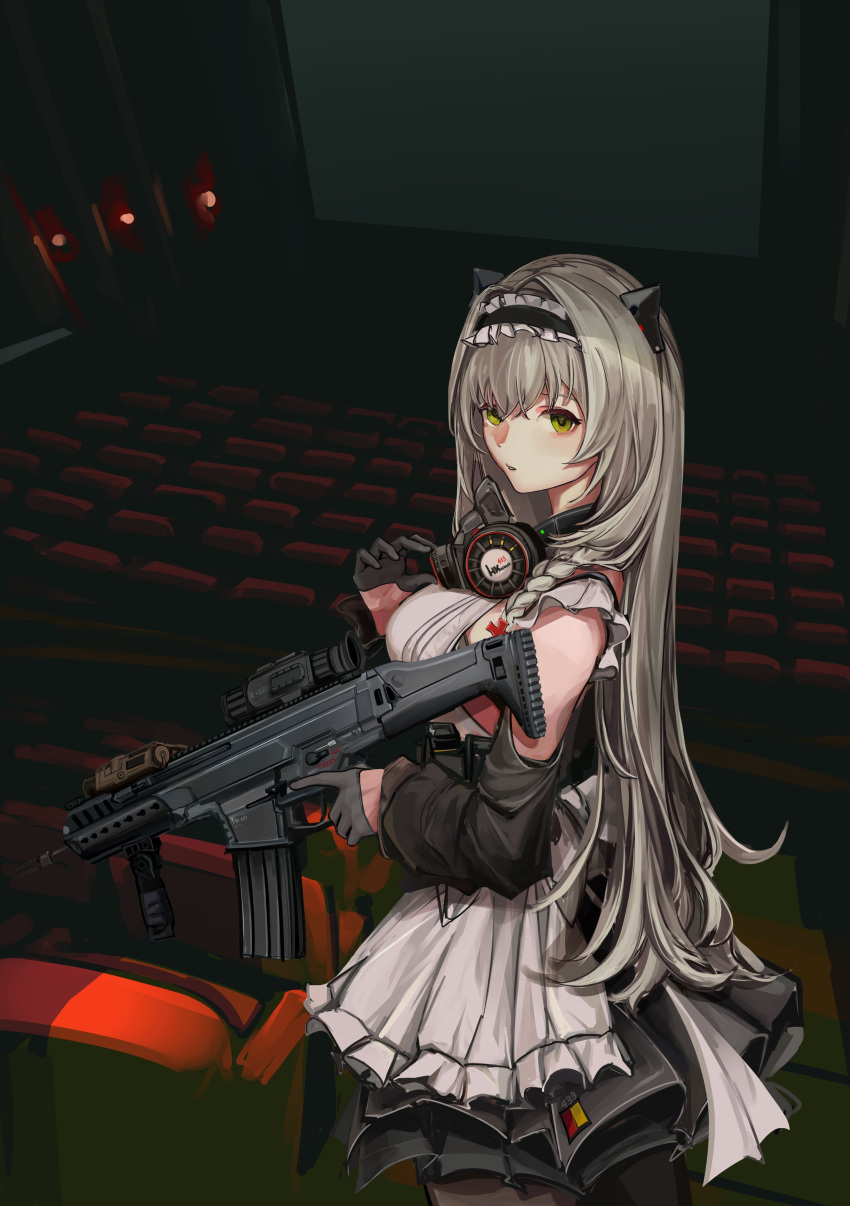 1girl absurdres apron assault_rifle black_dress black_gloves cowboy dress gas_mask girls'_frontline gloves green_eyes grey_hair gun h&amp;k_hk433 hair_ornament half_gloves highres hk433_(girls'_frontline) holding holding_gun holding_weapon lithographica looking_at_viewer maid_headdress mask mask_around_neck movie_theater rifle scope solo trigger_discipline weapon white_apron