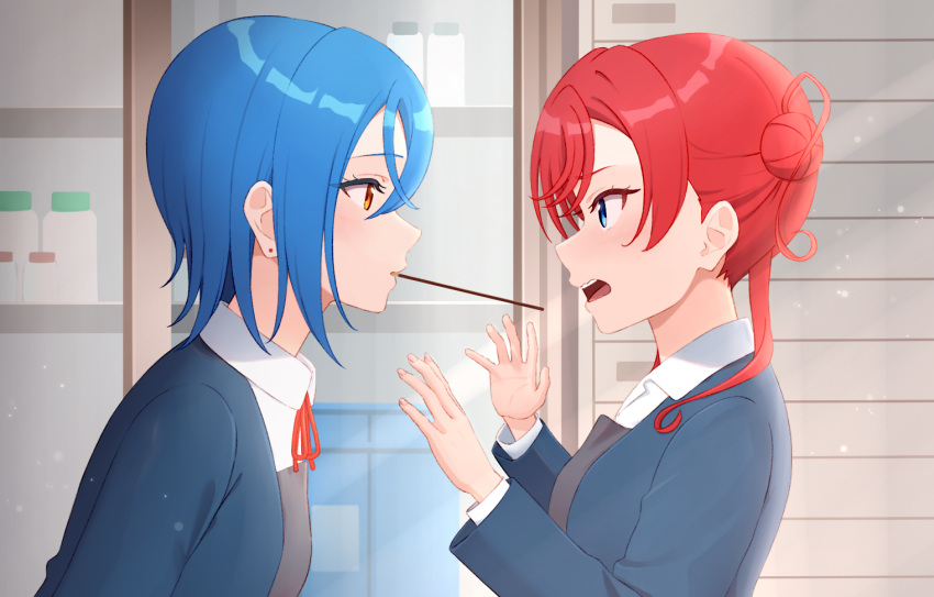 2girls blue_eyes blue_hair blue_jacket boncha collared_shirt commentary_request dress food grey_dress hair_between_eyes indoors jacket long_sleeves looking_at_another love_live! love_live!_superstar!! medium_hair multiple_girls neck_ribbon open_mouth orange_eyes pocky pocky_kiss red_hair red_ribbon ribbon school_uniform shirt short_hair sidelocks upper_body wakana_shiki white_shirt winter_uniform yoneme_mei yuigaoka_school_uniform yuri