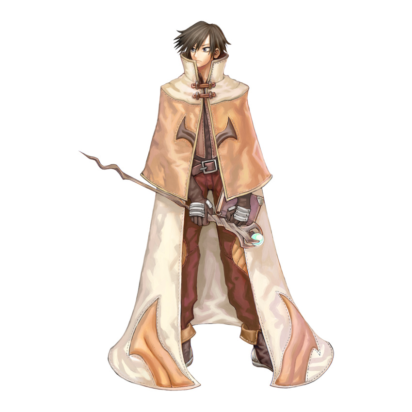 1boy 2000s_(style) belt black_hair brown_belt brown_capelet brown_footwear brown_gloves brown_shirt cape capelet closed_mouth expressionless full_body gloves grey_eyes hair_between_eyes highres holding holding_staff looking_afar mage_(ragnarok_online) male_focus medium_bangs myung-jin_lee official_art pants ragnarok_online red_pants shirt shoes short_hair simple_background solo staff standing tachi-e transparent_background white_cape