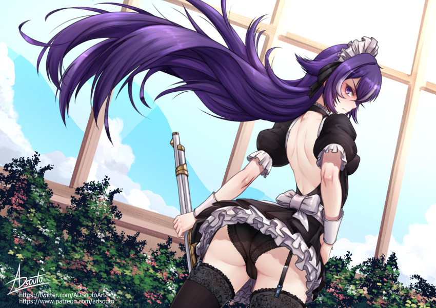 1girl adsouto antique_firearm apron ass backless_outfit bow breasts chevreuse_(genshin_impact) dress firelock flintlock frilled_dress frills garter_straps genshin_impact gun hand_on_own_hip highres holding holding_gun holding_weapon juliet_sleeves long_hair long_sleeves looking_at_viewer looking_back maid maid_apron maid_headdress medium_breasts musket panties puffy_sleeves purple_eyes purple_hair signature solo standing underwear very_long_hair waist_bow weapon wind wind_lift