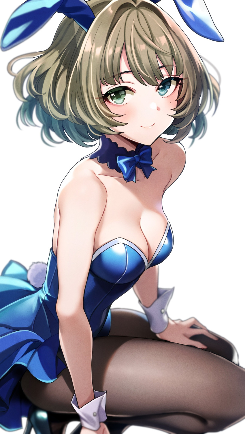 1girl absurdres alternate_costume animal_ears bare_shoulders black_pantyhose blue_bow blue_bowtie blue_eyes blue_leotard blush bow bowtie breasts cleavage closed_mouth collarbone commentary_request fake_animal_ears fake_tail green_eyes green_hair heterochromia highres idolmaster idolmaster_cinderella_girls leotard looking_at_viewer medium_breasts mole mole_under_eye pantyhose playboy_bunny popon_ta rabbit_ears rabbit_tail short_hair simple_background smile solo strapless strapless_leotard tail takagaki_kaede white_background white_wrist_cuffs wrist_cuffs