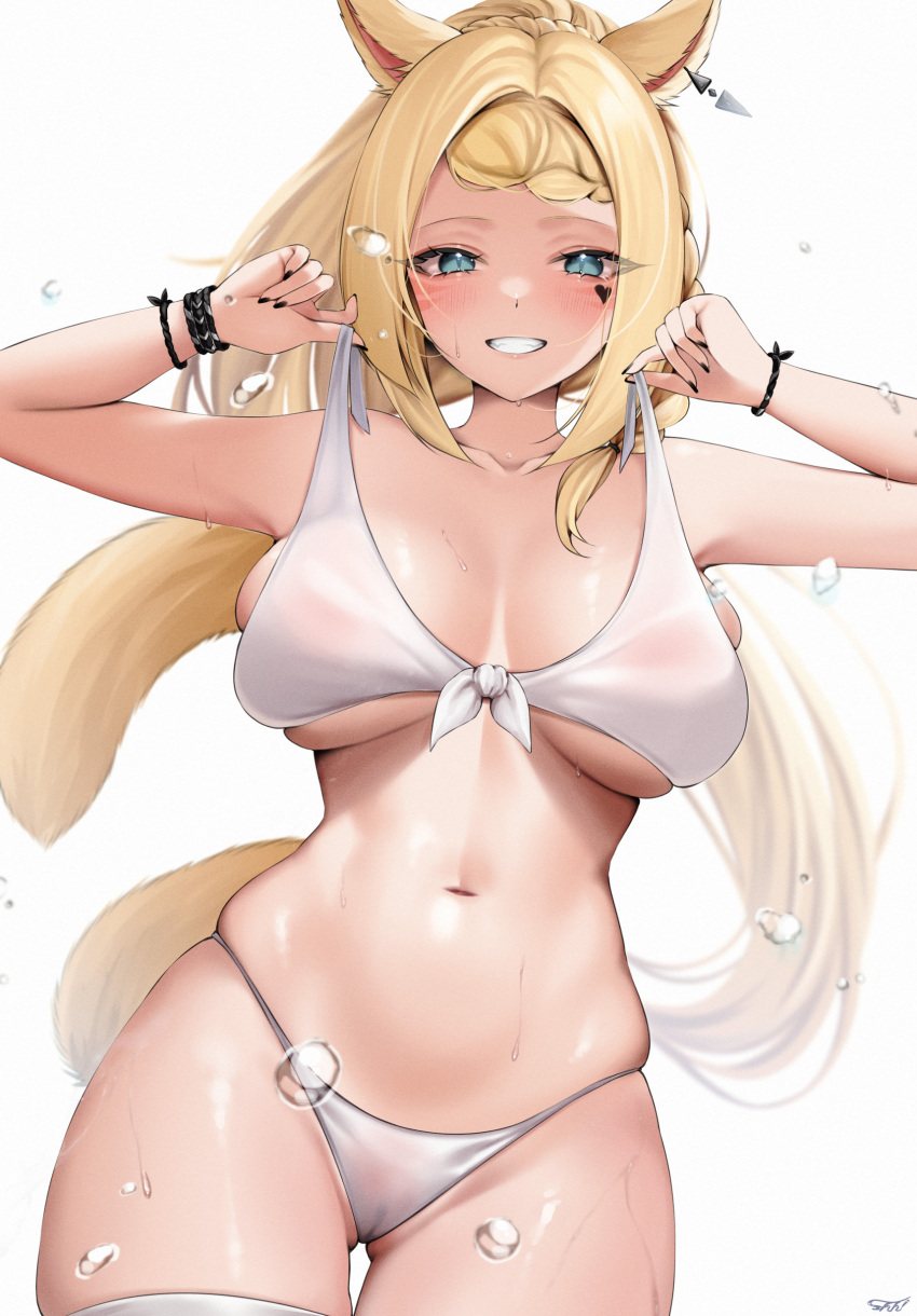 1girl absurdres animal_ears bikini black_nails blonde_hair blue_eyes blush bracelet braid braided_bangs breasts cat_ears cat_girl cat_tail collarbone commentary_request cowboy_shot ear_ornament facial_mark facial_tattoo final_fantasy final_fantasy_xiv grin heart heart_tattoo highres jewelry large_breasts long_hair looking_at_viewer miqo'te navel ponytail shhilee sideboob signature simple_background smile solo strap_lift swimsuit tail tattoo teeth thighhighs underboob warrior_of_light_(ff14) whisker_markings white_background white_bikini white_thighhighs