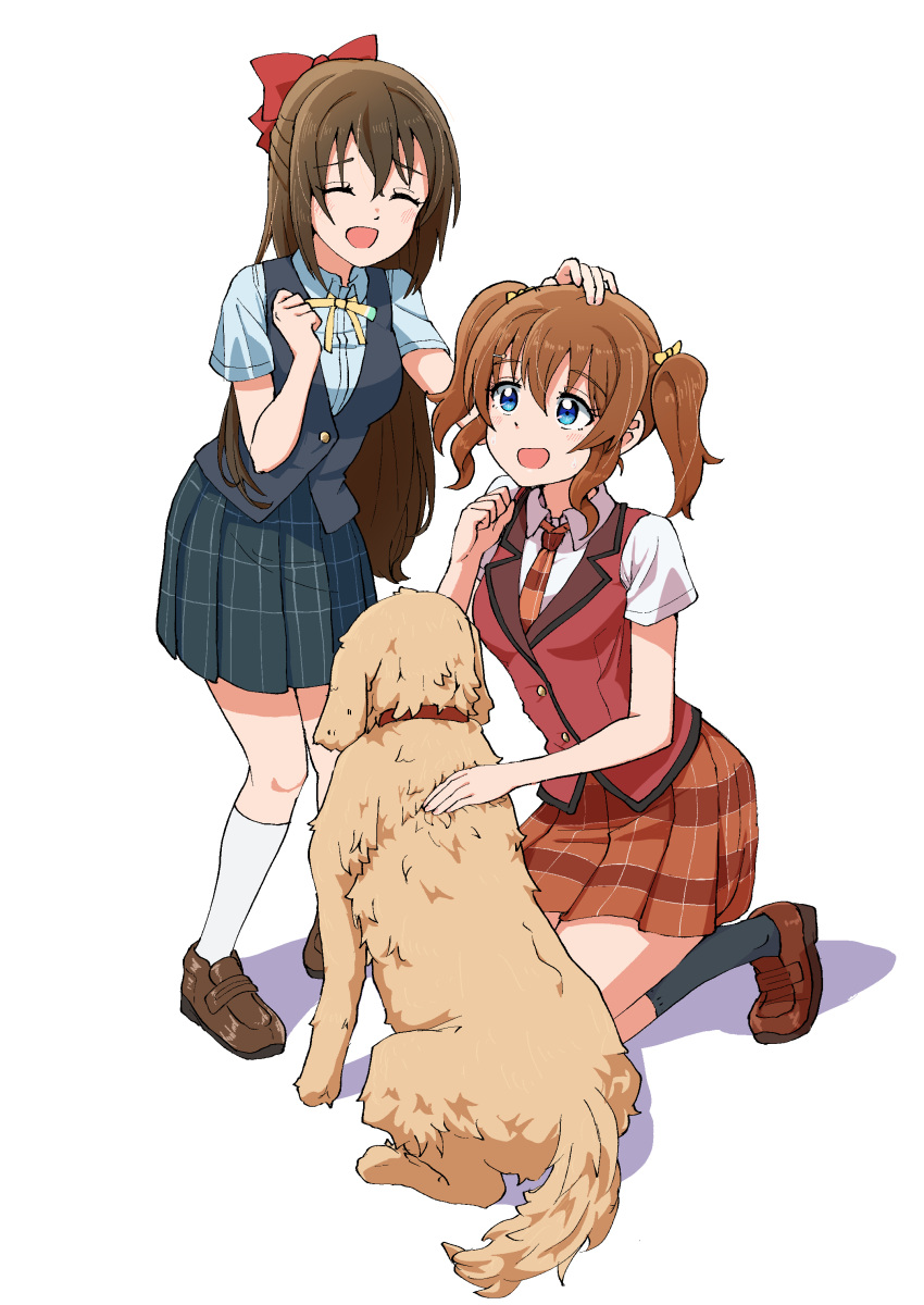 2girls absurdres black_socks black_vest blue_eyes blue_shirt blue_skirt bow brown_footwear brown_hair brown_necktie brown_skirt clenched_hand closed_eyes collared_shirt commentary_request dog golden_retriever hair_between_eyes hair_bow half_updo hand_on_another's_head highres jacket kneeling konoe_haruka loafers long_hair love_live! love_live!_nijigasaki_high_school_idol_club medium_hair multiple_girls neck_ribbon necktie nijigasaki_academy_school_uniform open_mouth ophilia_(love_live!) orange_hair osaka_shizuku petting plaid plaid_necktie plaid_skirt red_bow red_jacket ribbon school_uniform shirt shoes short_sleeves sidelocks skirt socks standing summer_uniform taiyakippassion twintails vest white_background white_shirt white_socks yellow_ribbon