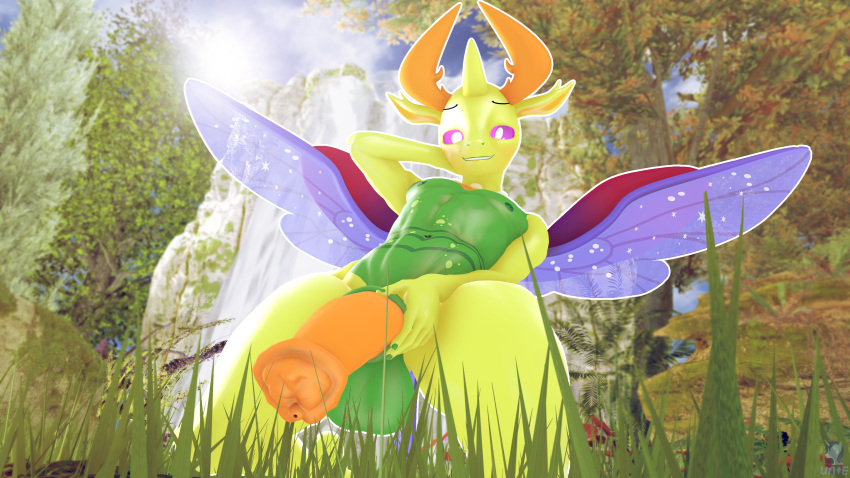 3d_(artwork) absurd_res animal_genitalia animal_penis anthro anthrofied arthropod balls changeling digital_media_(artwork) equine_genitalia equine_penis friendship_is_magic genitals grass green_body hasbro hi_res horn insect_wings looking_at_viewer low-angle_view male mandibles my_little_pony penis plant purple_wings solo thorax_(mlp) unie wings worm's-eye_view