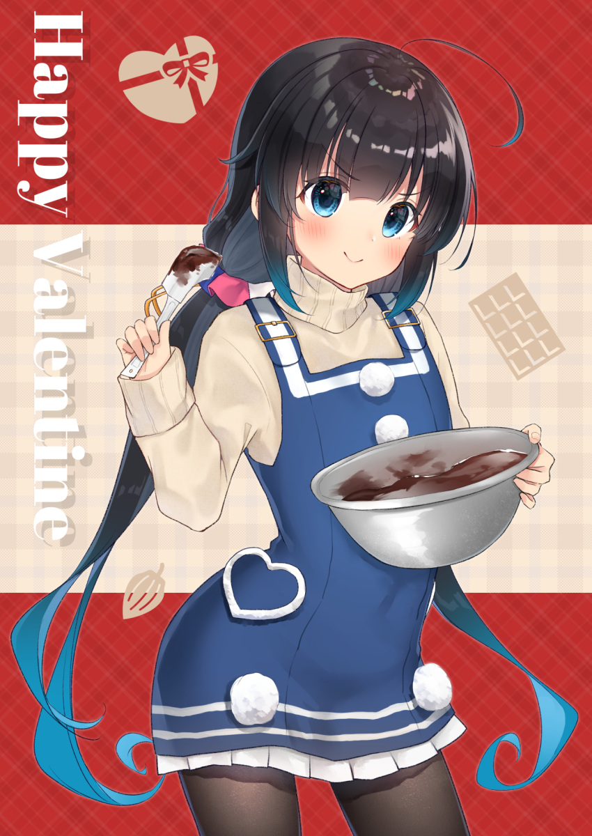 &gt;:) 1girl ahoge bangs black_hair black_legwear blue_dress blue_eyes blue_hair blush bowl brown_shirt chocolate closed_mouth commentary_request dress eyebrows_visible_through_hair frilled_dress frills gradient_hair gyozanuko happy_valentine highres hinatsuru_ai holding holding_bowl long_sleeves looking_at_viewer low_twintails mixing_bowl multicolored_hair pantyhose ryuuou_no_oshigoto! shirt sidelocks sleeveless sleeveless_dress smile solo spatula twintails valentine