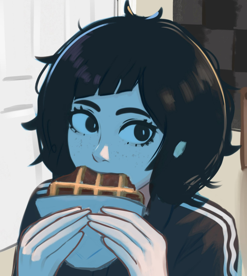 1girl adidas biting black_eyes black_hair blue_light commentary cut_bangs door eating food freckles highres holding holding_food indoors jerma985 jerma985_eating_a_whopper_(meme) looking_to_the_side meme messy_hair original polo_shirt screen_light solo tomboy veyonis waffle wide-eyed yuna_(veyonis)