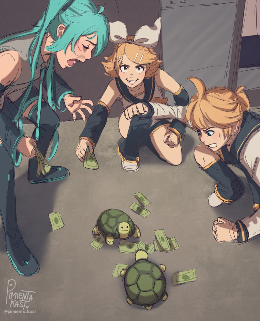 1boy 2girls ahoge animal artist_name banknote bare_shoulders black_footwear black_shorts black_skirt blonde_hair blue_eyes blue_hair blue_necktie blush boots bow_hairband brother_and_sister clenched_hand clenched_hands closed_eyes collared_shirt colored_skin detached_sleeves floor green_skin grey_shirt hair_between_eyes hair_ornament hairband hairclip hatsune_miku highres holding holding_money indoors kagamine_len kagamine_rin leg_warmers long_hair long_sleeves looking_at_another looking_up meme miniskirt money multiple_girls necktie open_mouth pimienta_kast pleated_skirt ponytail ribbon sailor_collar shadow shirt shoes short_hair short_ponytail shorts siblings sitting skirt smile standing sweatdrop teeth thigh_boots tongue turtle turtle_shell twins twintails v-shaped_eyebrows vocaloid white_footwear white_hairband white_ribbon white_shirt wide_sleeves
