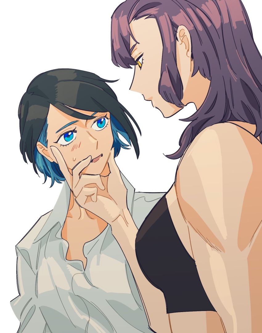 2girls bare_arms black_bra black_hair blue_eyes blue_hair blush bra collared_shirt colored_inner_hair commentary_request gundam gundam_suisei_no_majo hand_on_another's_face highres korean_commentary long_hair long_sleeves looking_at_another multicolored_hair multiple_girls nika_nanaura parted_lips purple_hair sabina_fardin shirt short_hair simple_background snapagi sweatdrop underwear upper_body white_background white_shirt yellow_eyes