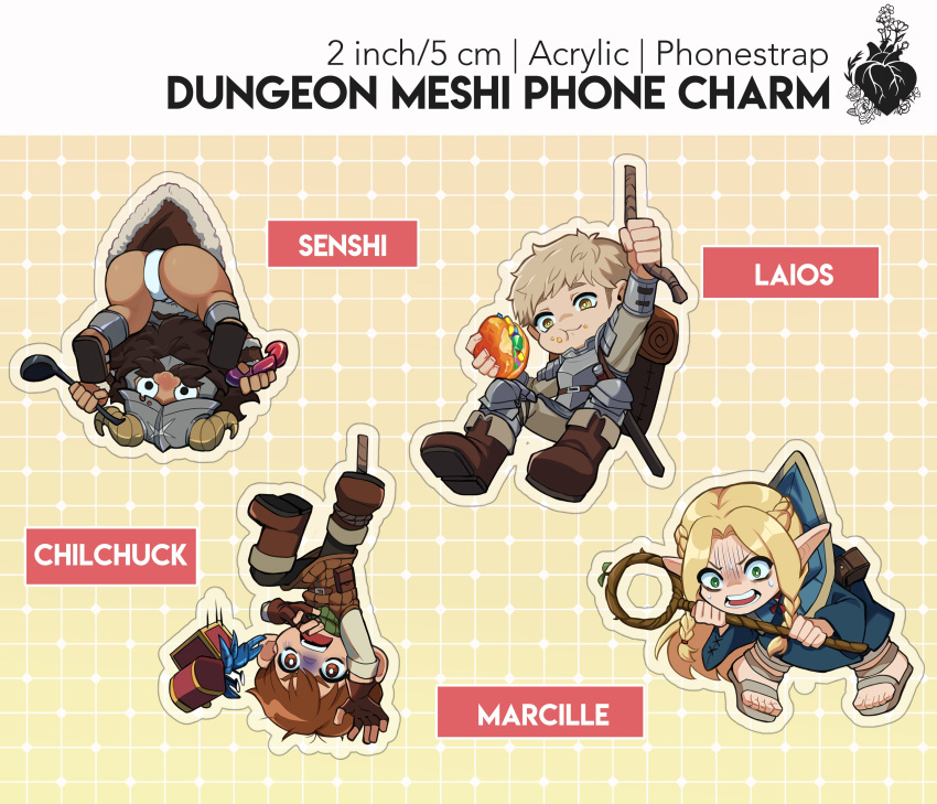 1girl 3boys absurdres acrylic_stand ass beard bekkomi brown_hair bulge burger cellphone_charm character_charm charm_(object) chilchuck_tims dark-skinned_male dark_skin dungeon_meshi dwarf eating facial_hair fake_horns falling food helmet highres horned_helmet horns jump_rope laios_thorden long_beard marcille_donato merchandise_available multiple_boys senshi_(dungeon_meshi) solo thick_mustache treasure_chest turn_pale very_long_beard