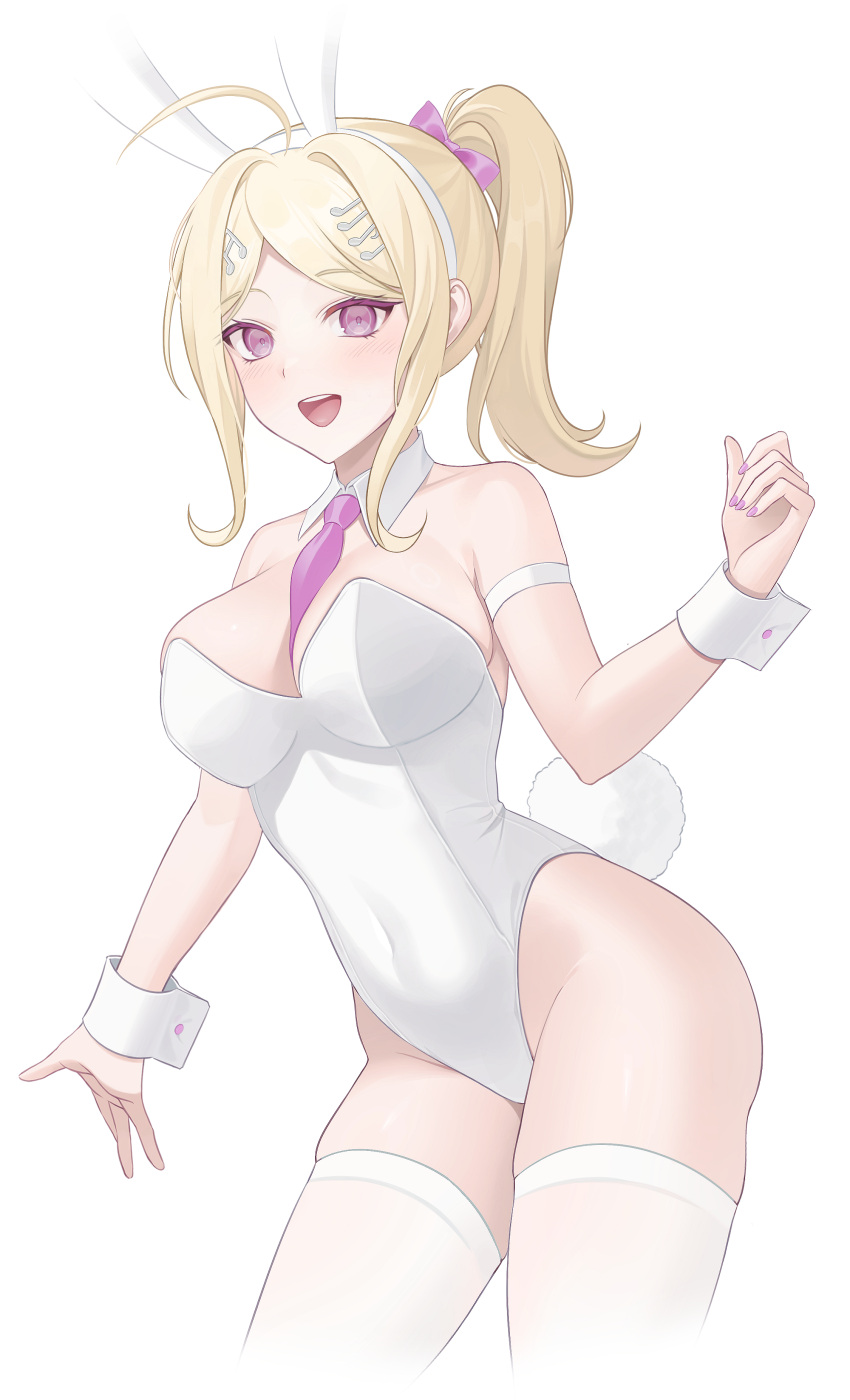 1girl :d absurdres akamatsu_kaede alternate_costume animal_ears blonde_hair bow contrapposto covered_navel cropped_legs danganronpa_(series) danganronpa_v3:_killing_harmony detached_collar fake_animal_ears groin hair_bow hair_ornament highres leotard lumishen musical_note musical_note_hair_ornament nail_polish necktie pink_bow pink_eyes ponytail purple_necktie rabbit_ears rabbit_tail simple_background smile solo tail teeth thighhighs upper_teeth_only white_background white_leotard white_thighhighs wrist_cuffs