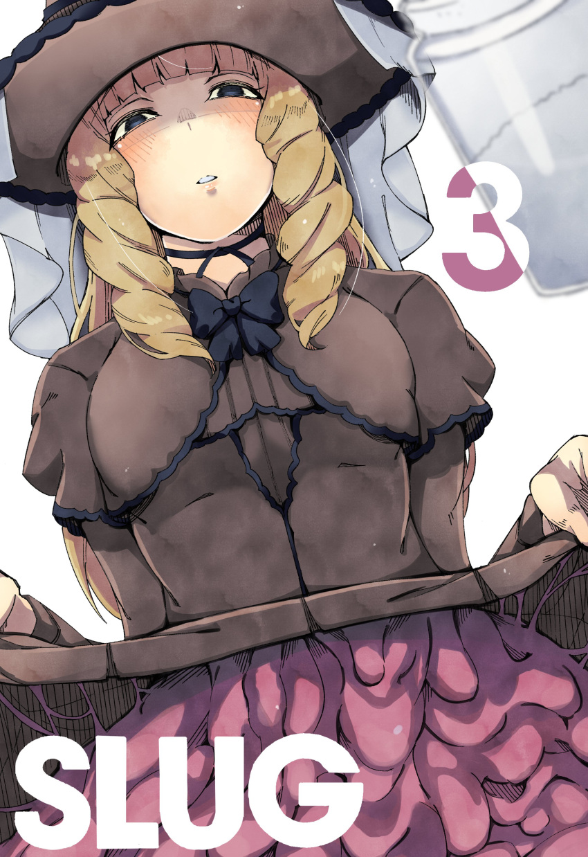 1girl absurdres black_bow black_bowtie black_choker black_eyes blonde_hair blush bow bowtie brown_capelet brown_dress brown_headwear capelet choker clothes_lift commentary_request dress dress_lift hat highres jar kawahara0527 lifted_by_self long_hair melk_(mon-musu_quest!) mon-musu_quest! monster_girl parted_lips partial_commentary ringlets salt simple_background slime_(substance) slug_girl solo veil white_background