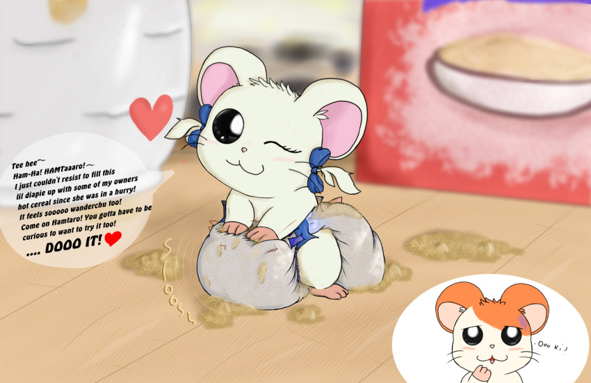 aldenskunky anthro bijou_(hamtaro) clothed clothing cricetid dialogue diaper diaper_fetish diaper_only digital_media_(artwork) duo english_text female food food_fetish food_play fur hamster hamtaro hamtaro_(series) heart_symbol hi_res male mammal oatmeal ribbons rodent smile speech_bubble tail text topless underwear wearing_diaper white_body white_fur
