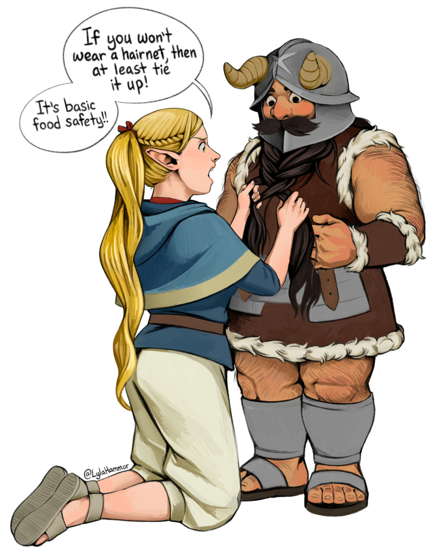 1boy absurdres adjusting_another's_hair beard blush braid braided_beard brown_hair dark-skinned_male dark_skin dungeon_meshi dwarf elf english_text facial_hair fake_horns foot_hair full_body hairy helmet highres horned_helmet horns kneeling long_beard lylahammar marcille_donato pointy_ears senshi_(dungeon_meshi) thick_arm_hair thick_leg_hair thick_mustache very_long_beard