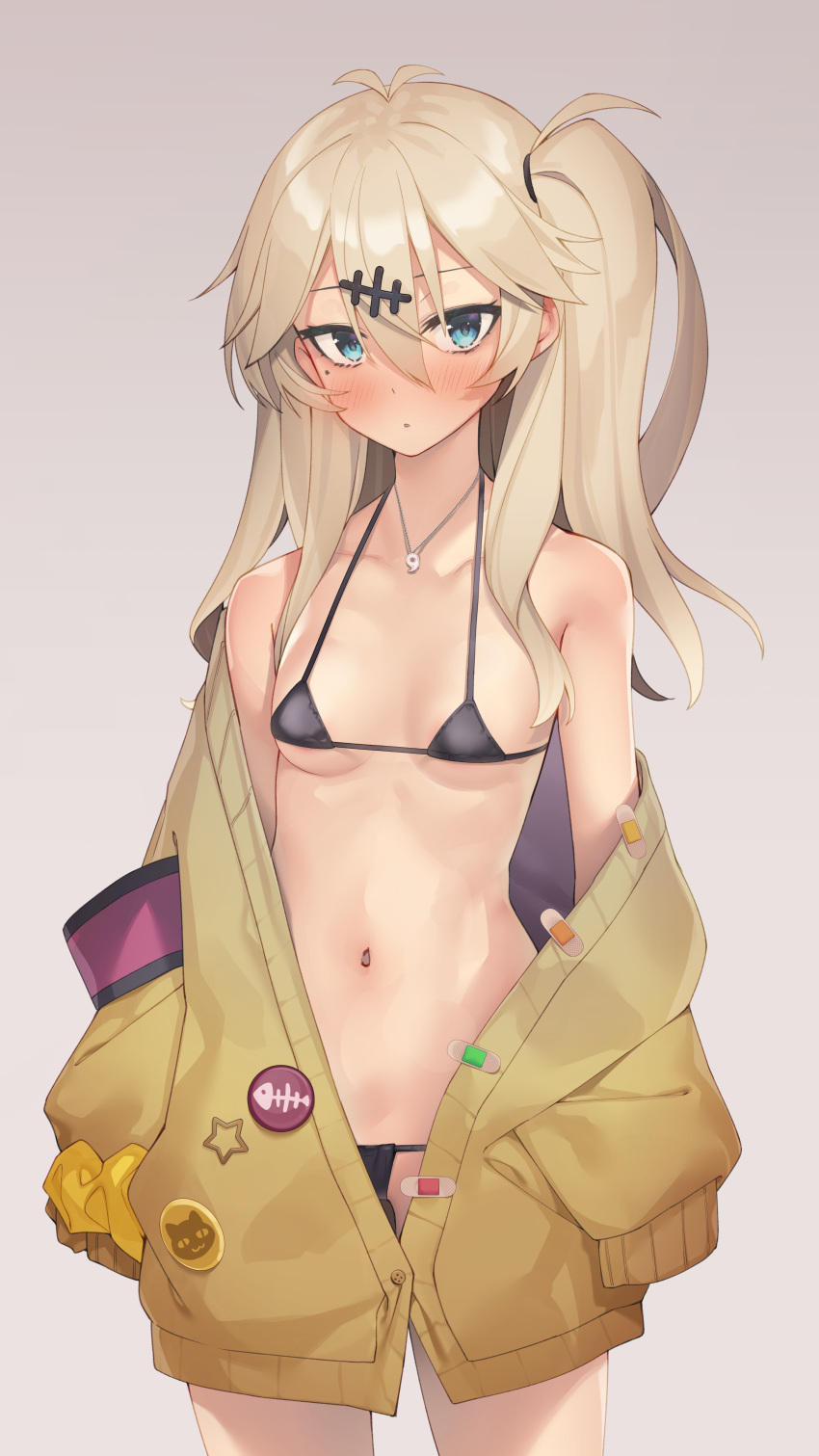 1girl absurdres antenna_hair arms_at_sides badge bare_shoulders bikini black_bikini blue_eyes blush breasts brown_hair button_badge coat commentary_request cowboy_shot hair_between_eyes hair_ornament highres jewelry kasukabe_tsumugi long_hair looking_at_viewer magatama micro_bikini mole mole_under_eye navel necklace off_shoulder parted_lips partner_(kprtnr) side_ponytail sidelocks small_breasts solo standing string_bikini swimsuit voicevox yellow_coat