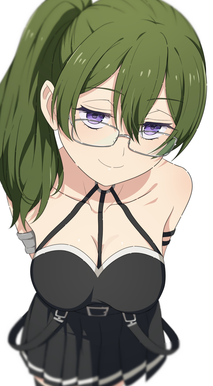 1girl absurdres arm_strap armlet bare_shoulders black_dress breasts camui1104 cleavage closed_mouth collarbone dress from_above glasses green_hair hair_between_eyes half-closed_eyes highres large_breasts long_hair looking_at_viewer o-ring pleated_dress purple_eyes side_ponytail sidelocks simple_background smile solo sousou_no_frieren suspenders_hanging ubel_(sousou_no_frieren) white_background