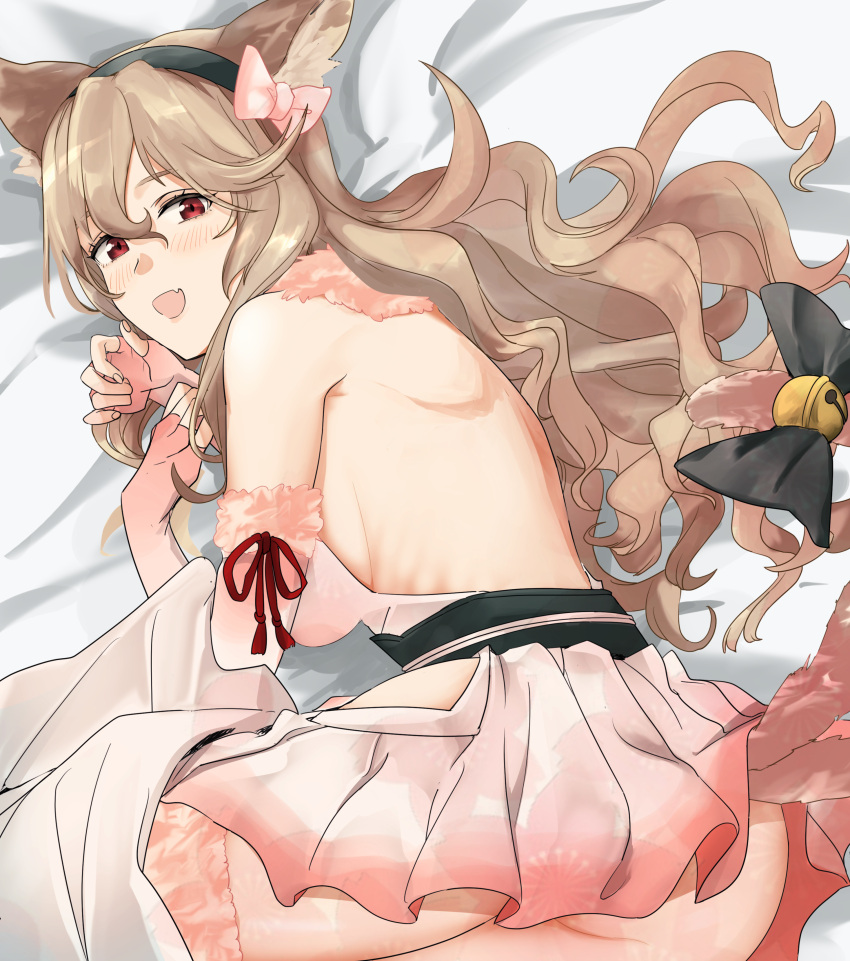 1girl absurdres animal_ears ass bare_shoulders breasts cat_ears cat_tail corrin_(female)_(fire_emblem) corrin_(fire_emblem) cosplay fake_animal_ears fake_tail fingerless_gloves fire_emblem fire_emblem_heroes gloves highres medium_breasts pink_gloves sakura_(fire_emblem) sakura_(fire_emblem)_(cosplay) sideboob sou_mei tail