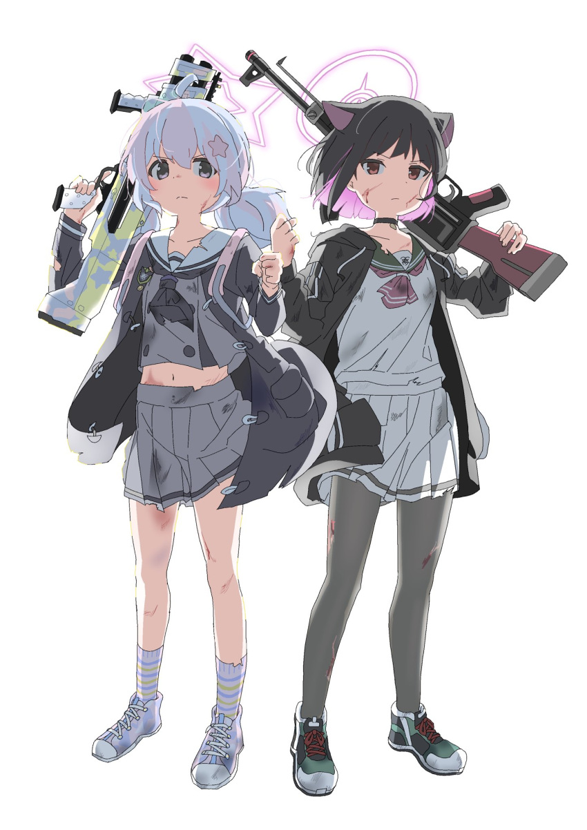 2girls ahoge animal_ears black_choker black_hair black_jacket black_neckerchief black_pantyhose blue_archive blue_hair bren_lmg bruise cat_ears choker closed_mouth colored_inner_animal_ears colored_inner_hair dot_nose extra_ears fist_bump fuyubone green_sailor_collar grey_eyes grey_serafuku grey_shirt grey_skirt gun hair_ornament halo highres holding holding_gun holding_weapon injury jacket kazusa_(blue_archive) light_blue_hair light_machine_gun long_sleeves medium_hair midriff multicolored_hair multiple_girls navel neckerchief open_clothes open_jacket over_shoulder pantyhose pink_hair pink_halo pink_neckerchief pleated_skirt red_eyes reisa_(blue_archive) sailor_collar school_uniform scrape serafuku shirt shoes short_hair simple_background skirt sneakers socks standard_manufacturing_dp-12 standing star_(symbol) star_hair_ornament star_halo streaked_hair striped_clothes striped_socks trinity_general_school_logo two-tone_hair weapon weapon_over_shoulder white_background white_sailor_collar white_serafuku white_shirt white_skirt