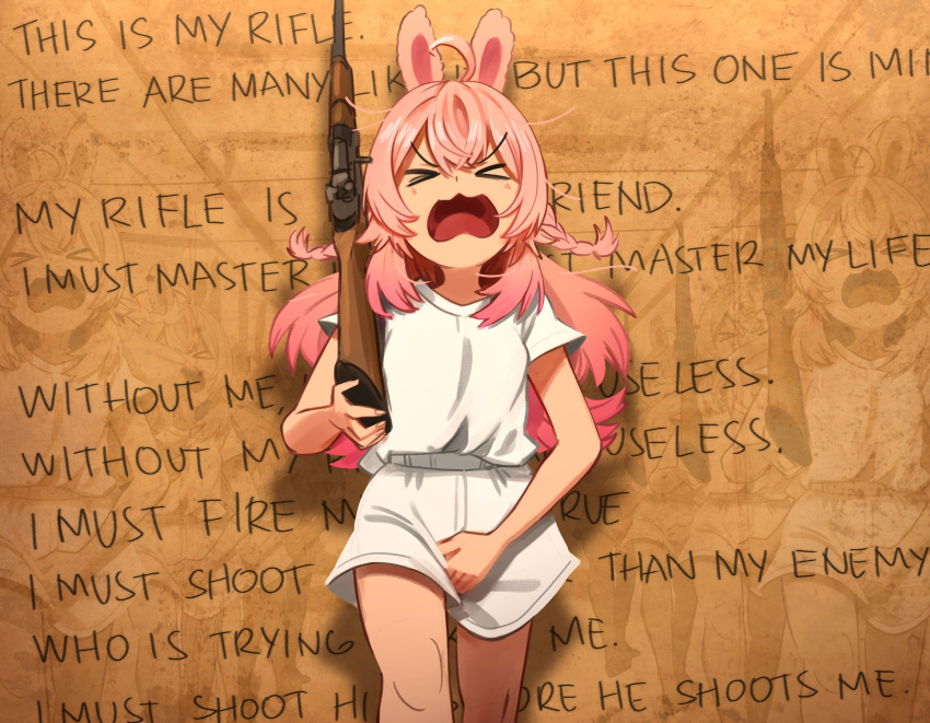 &gt;_&lt; 1girl ahoge animal_ears braid english_text full_metal_jacket gun highres holding holding_gun holding_weapon khyle. long_hair m1_garand phase_connect pipkin_pippa rabbit_ears rabbit_girl rifle rifleman's_creed scene_reference shirt shorts twin_braids virtual_youtuber weapon white_shirt white_shorts