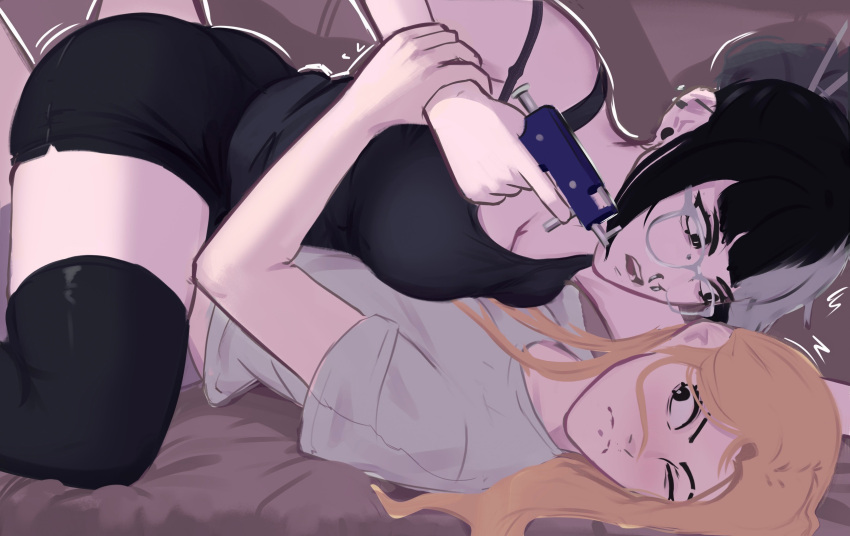 2girls angry annoyed black_eyes black_hair black_shorts blonde_hair blunt_bangs breast_press breasts couch ear_piercing ear_piercing_gun girl_on_top glasses grabbing_another's_arm grey_shirt hair_ornament hair_stick highres indoors jessie_(veyonis) large_breasts looking_at_another lying lying_on_person messy_hair mika_(veyonis) multicolored_hair multiple_girls nervous nose_piercing on_back on_couch on_person original piercing ponytail shirt shorts straddling strap_slip struggling tank_top thighhighs thighs two-tone_hair veyonis
