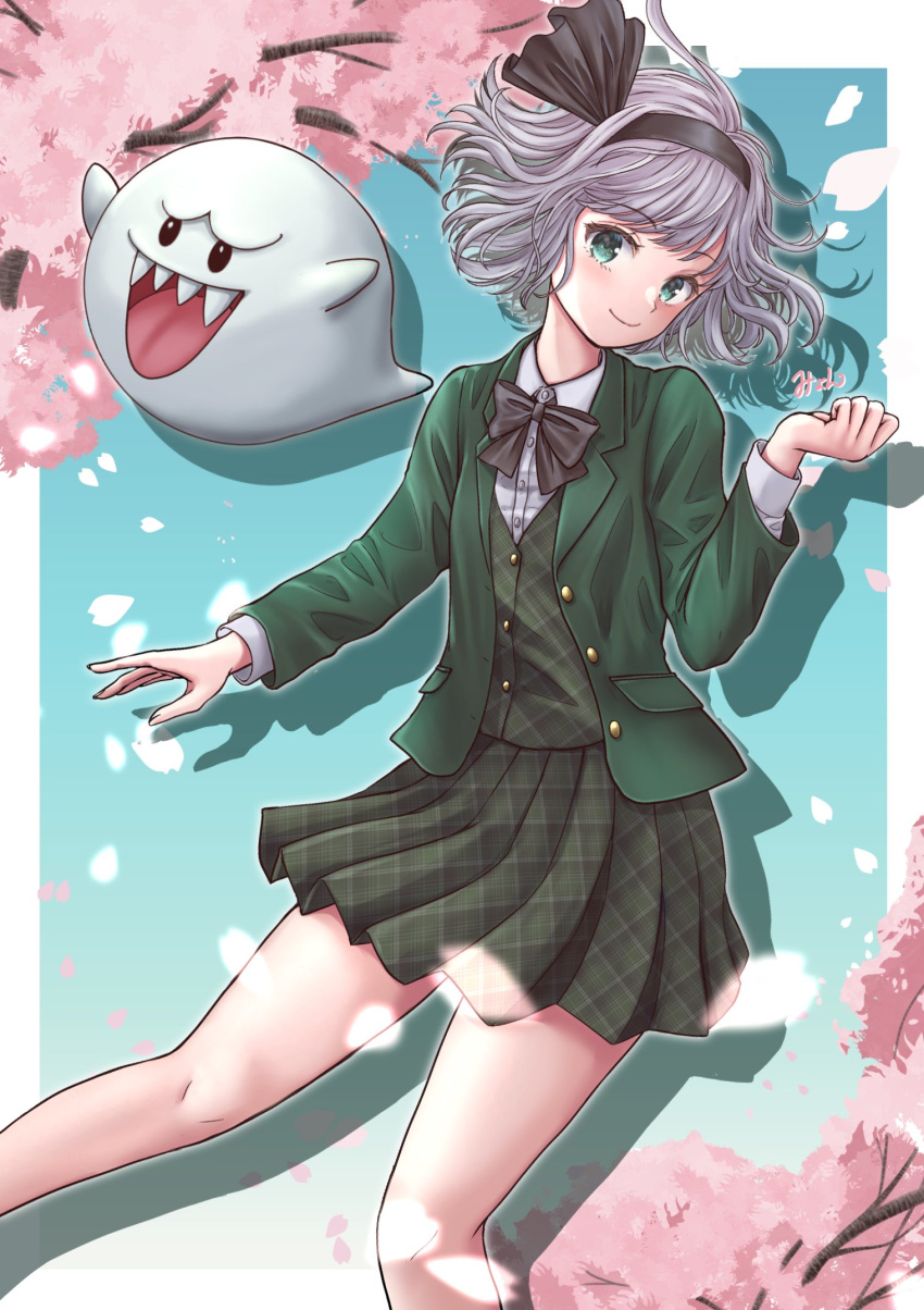 1girl black_bow black_bowtie black_hairband blush boo_(mario) bow bowtie cherry_blossoms closed_mouth commentary_request feet_out_of_frame ghost green_shirt green_skirt green_vest grey_hair hairband highres konpaku_youmu kyabekko long_sleeves looking_at_viewer mario_(series) outdoors plaid plaid_shirt plaid_skirt shirt short_hair skirt smile solo touhou vest