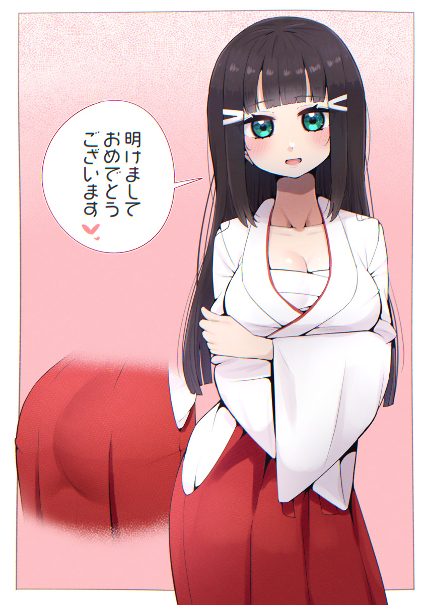 1girl aqua_eyes arms_under_breasts ass black_hair blunt_bangs blush breast_hold breasts chest_sarashi cleavage commentary_request contrapposto hair_ornament hairclip hakama hakama_skirt highres hime_cut japanese_clothes kimono kooei kosode kurosawa_dia long_hair long_skirt looking_at_viewer love_live! love_live!_sunshine!! medium_breasts miko open_mouth pink_background red_hakama red_skirt sarashi sidelocks skirt smile solo translation_request white_kimono