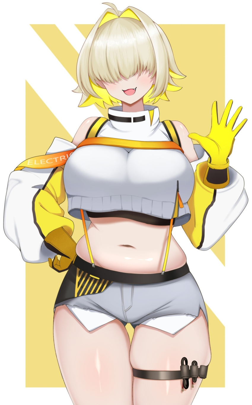 1girl ahoge ass_visible_through_thighs bare_shoulders blonde_hair breasts commentary cowboy_shot cropped_sweater elegg_(nikke) exposed_pocket fang gloves goddess_of_victory:_nikke grey_shorts hair_intakes hair_over_eyes hand_on_own_hip hand_up high_collar highres large_breasts long_sleeves multicolored_hair navel open_mouth shorts smile solo surippa1010 suspenders sweater thigh_strap thighs two-tone_hair white_background white_sweater yellow_background yellow_gloves