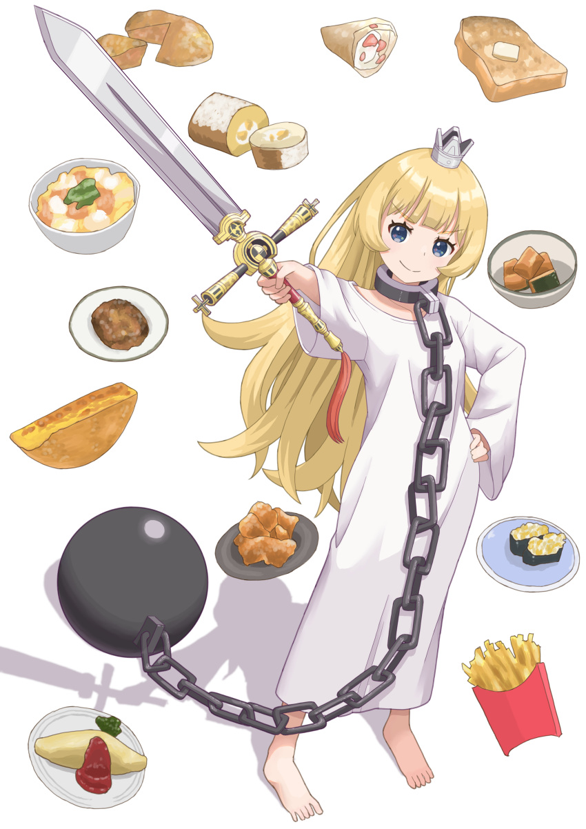 1girl 1other absurdres ball_and_chain_restraint barefoot blonde_hair blue_eyes bowl bread bread_slice closed_mouth collar crown ex_(hime-sama_"goumon"_no_jikan_desu) eyebrows_hidden_by_hair flat_chest food french_fries full_body hand_on_own_hip highres hime-sama_"goumon"_no_jikan_desu hime_(hime-sama_"goumon"_no_jikan_desu) holding holding_sword holding_weapon long_hair metal_collar mini_crown omelet pie plate qgkmn541 rags simple_background smile sword toast very_long_hair weapon white_background