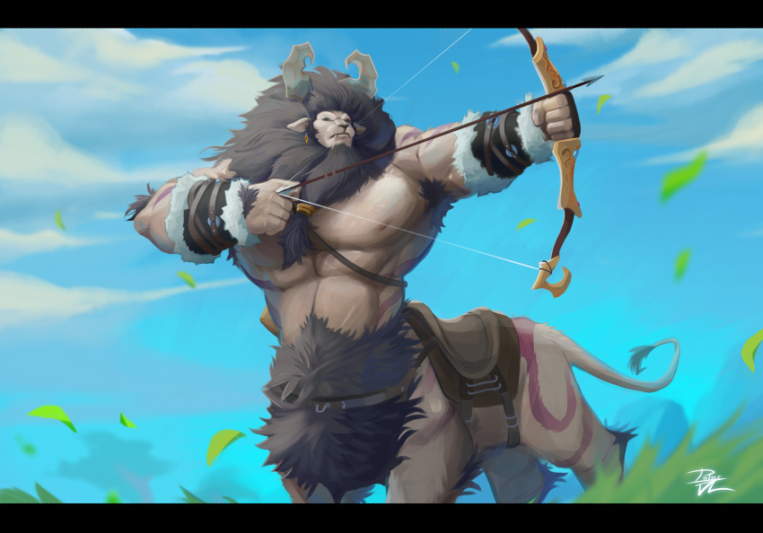1boy abs absurdres aiming animal_ears animal_penis arrow_(projectile) bara beard beryl_(retrosharkspike) body_fur bow_(weapon) centauroid commission demon_horns drawing_bow facial_hair feet_out_of_frame full_beard furry furry_male girthy_penis grey_fur highres holding holding_bow_(weapon) holding_weapon horns horse_penis huge_pectorals lion_boy lion_ears lion_mane lion_tail looking_to_the_side male_focus mature_male monster_boy muscular muscular_male nipples original penis polarvl_(ninthpolarvl) solo sphinx standing stomach tail taur thick_beard weapon