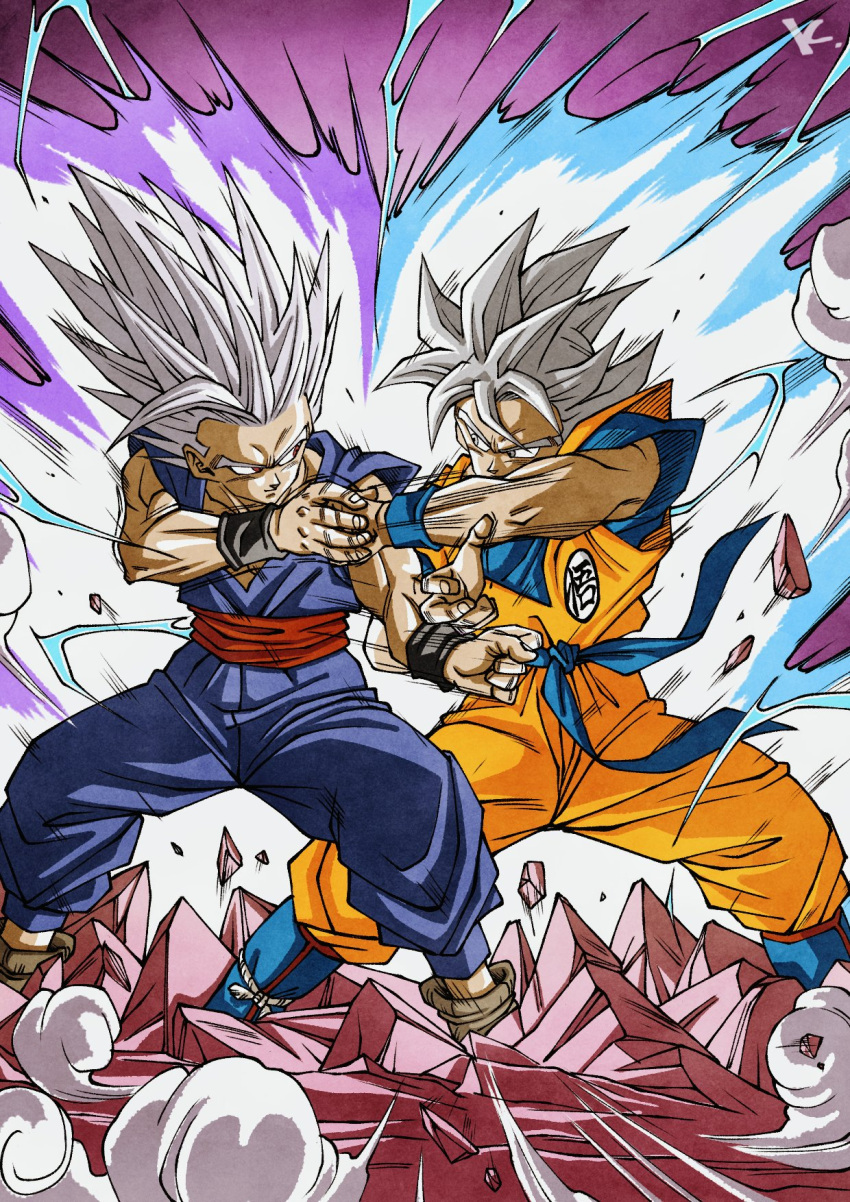 2boys aura blue_footwear blue_shirt boots dougi dragon_ball dragon_ball_super electricity emblem fighting gohan_beast grey_eyes highres kakeru_(dbskakeru) multiple_boys orange_pants orange_shirt pants purple_pants purple_shirt red_eyes shirt son_gohan son_goku spiked_hair ultra_instinct white_hair