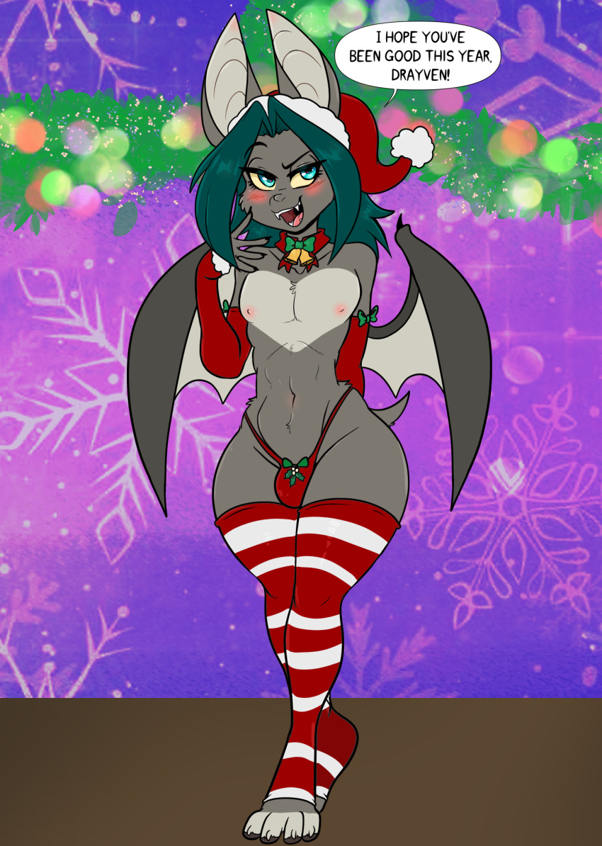 2023 anthro bat bat_wings blue_eyes blush christmas christmas_clothing christmas_headwear clothing dialogue english_text green_hair hair hat headgear headwear hi_res holidays legwear male mammal membrane_(anatomy) membranous_wings navel nipples santa_hat skidd solo text thigh_highs thong uberquest underwear valmont_barlowe wings yellow_sclera