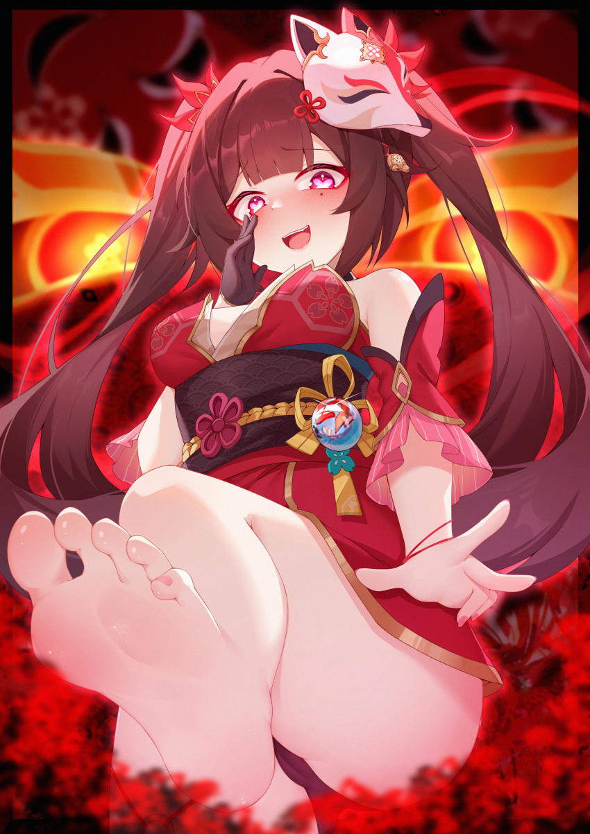1girl absurdres bare_shoulders barefoot bell black_choker bow breasts brown_hair choker dress feet foot_focus foot_up fox_mask gloves hair_bow highres honkai:_star_rail honkai_(series) long_hair looking_at_viewer looking_down mask mask_on_head mengxin_huazha neck_bell open_mouth pink_eyes red_bow red_dress sleeveless smile soles solo sparkle sparkle_(honkai:_star_rail) thighs toes twintails